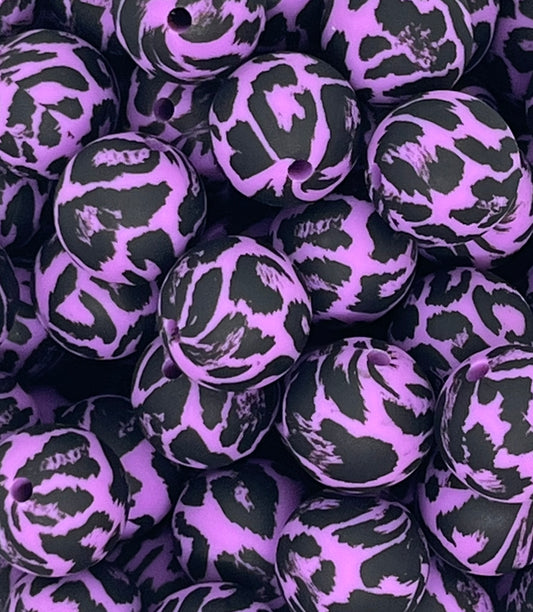 15mm Print Purple Snow Leopard EXCLUSIVE Animal Round Silicone Beads