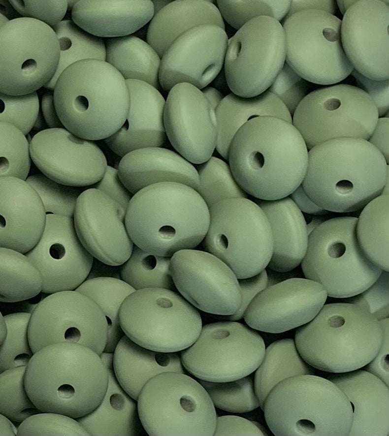 12mm Lentil Solid Sage Silicone Beads