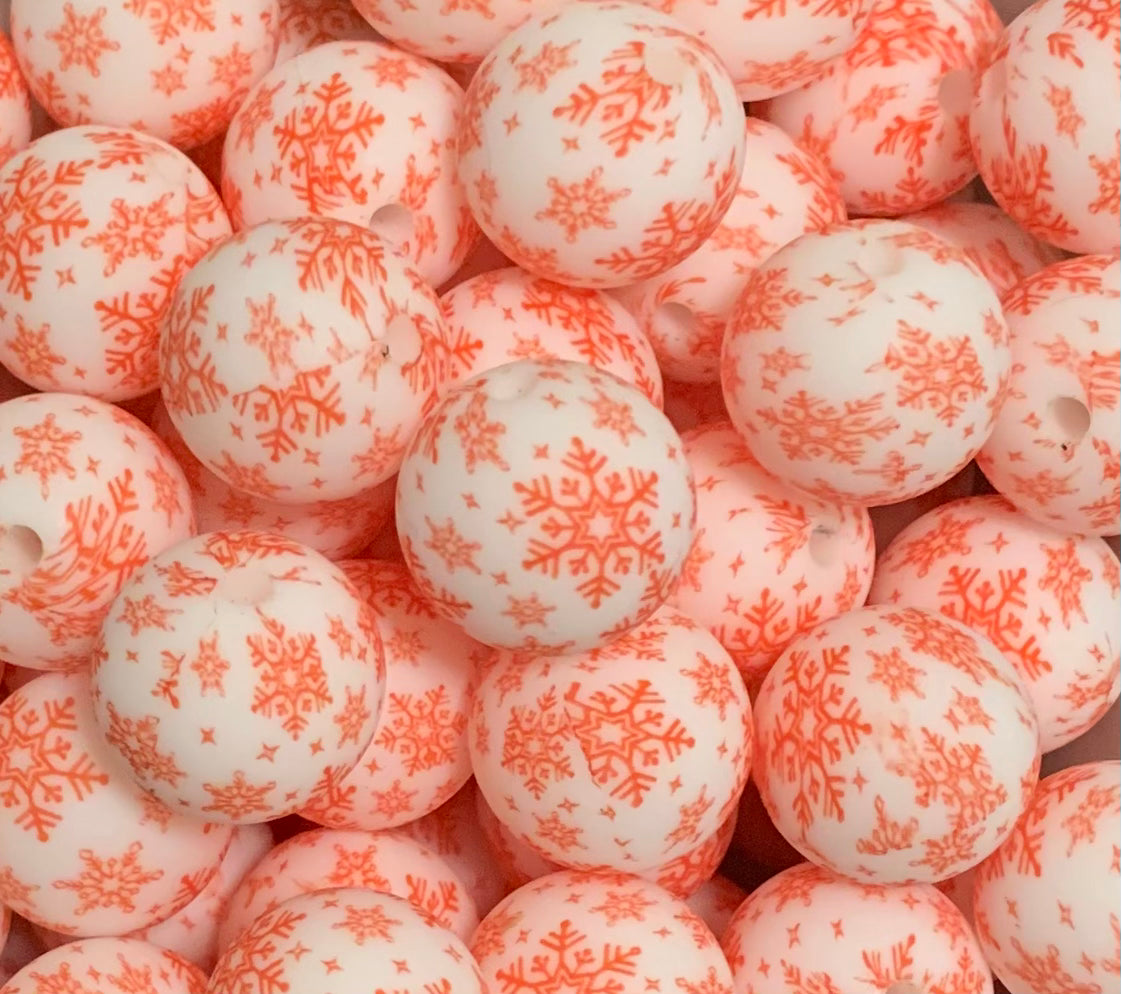 15mm Print Red Snowfall EXCLUSIVE Round Silicone Beads