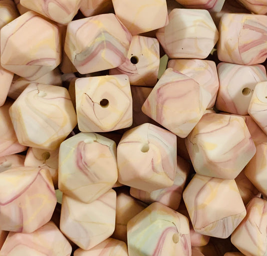 14mm Hexagon Pink Granite Printed Silicone Beads