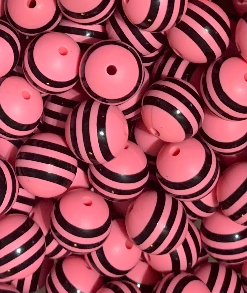 15mm Print Pink Stripe EXCLUSIVE Round Silicone Beads