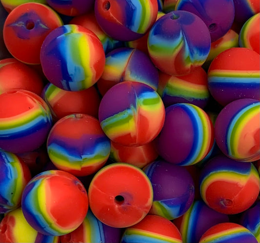 15mm Swirl Rainbow Round Silicone Beads