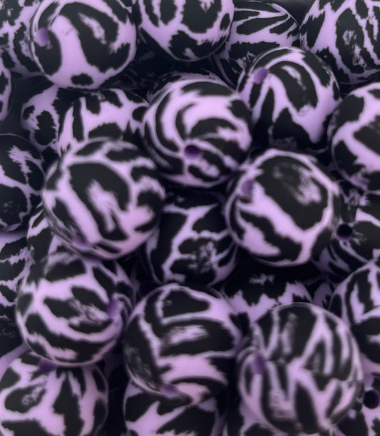 15mm Print Lavender Snow Leopard EXCLUSIVE Animal Round Silicone Beads