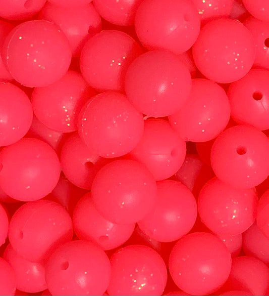 15mm GLITTER Neon Pink Round Silicone Beads