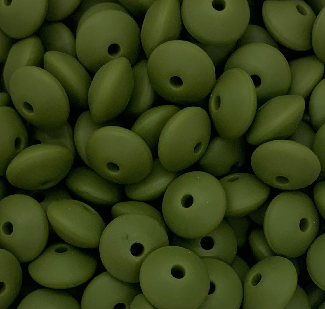 12mm Lentil Solid Army Green Silicone Bead