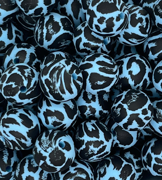 15mm Print Blue Snow Leopard EXCLUSIVE Silicone Beads, Silicone Beads, Animal Print Round Silicone Beads, Cheetah Silicone Beads