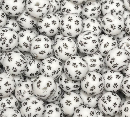 15mm Print Paw Print Round Silicone Beads, Animal Print Beads