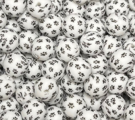 15mm Print Paw Print Round Silicone Beads, Animal Print Beads