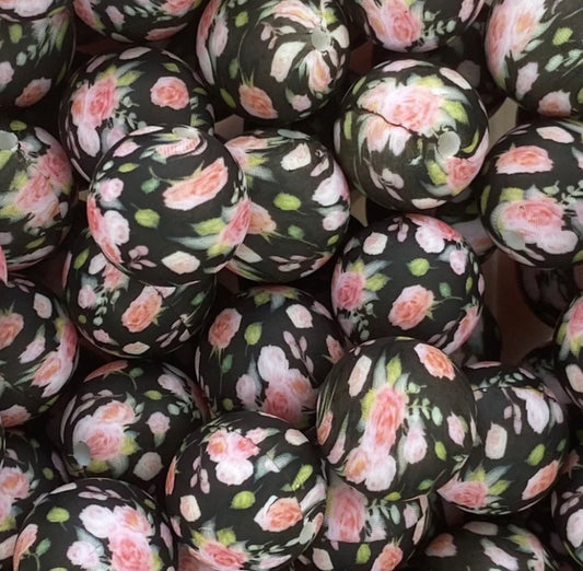 15mm Print Rose Black Floral by CTS Round Silicone Print Bead, Flower Print Bead