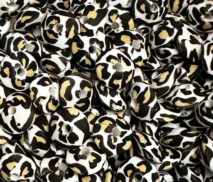 12mm Lentil Print Leopard Silicone Bead