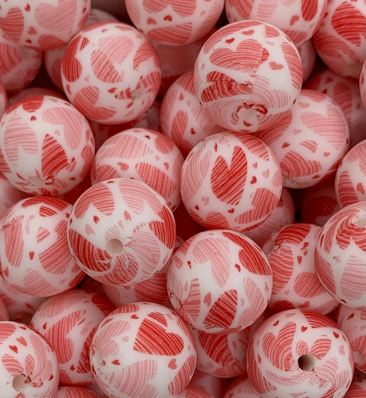 15mm Print Hearts Galore Round Silicone Beads