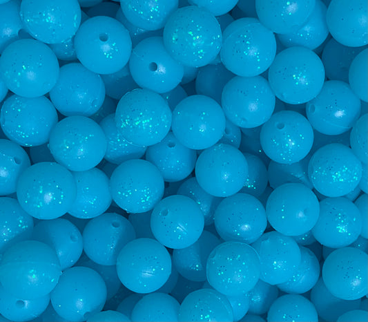 12mm Round CUSTOM GLITTER Neon Blue Silicone Beads