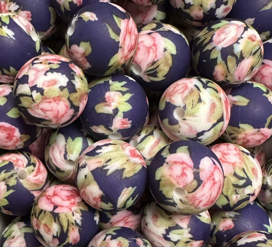 15mm Print Navy Floral Round Silicone Beads