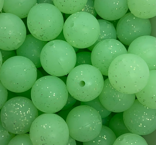 12mm Round GLITTER Green Silicone Beads