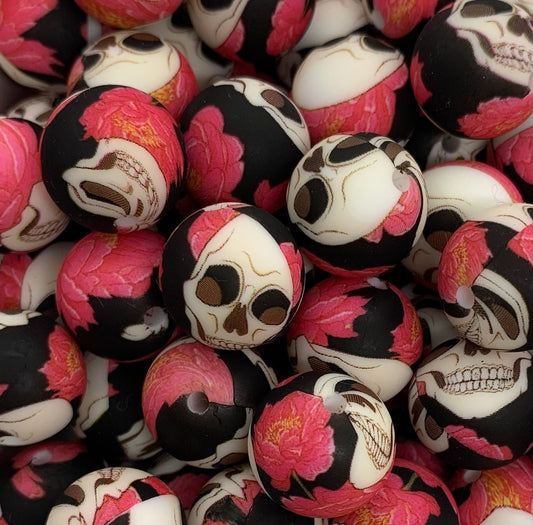 15mm Print Pink Skull Round Silicone Beads