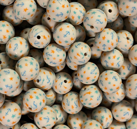 15mm Print Anchors Away EXCLUSIVE Round Silicone Beads, Sea Print Beads