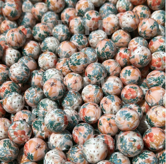 15mm Print Wildflowers Round Silicone Beads