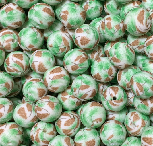 15mm Print Pine Round Silicone Beads