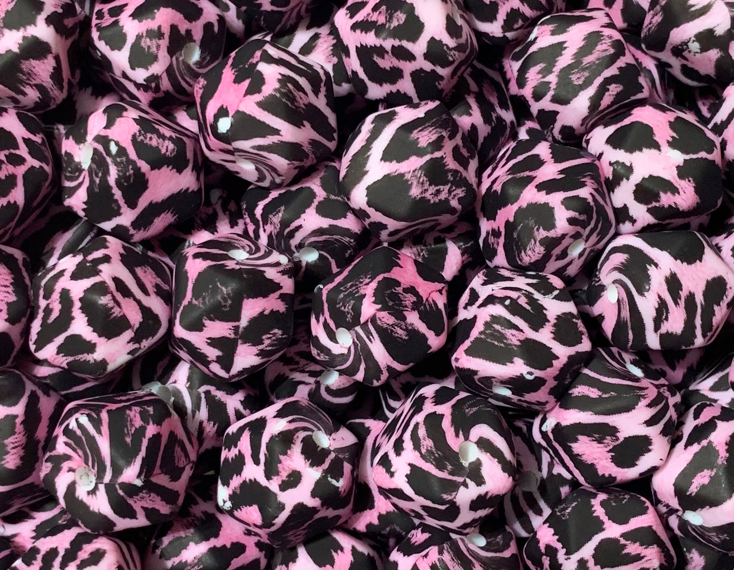 14mm Hexagon Hot Pink Snow Leopard Animal Printed Silicone Bead