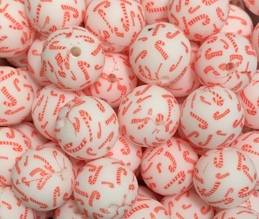 15mm Print Peppermint Kisses Round Silicone Beads, Candy Cane Silicone Beads