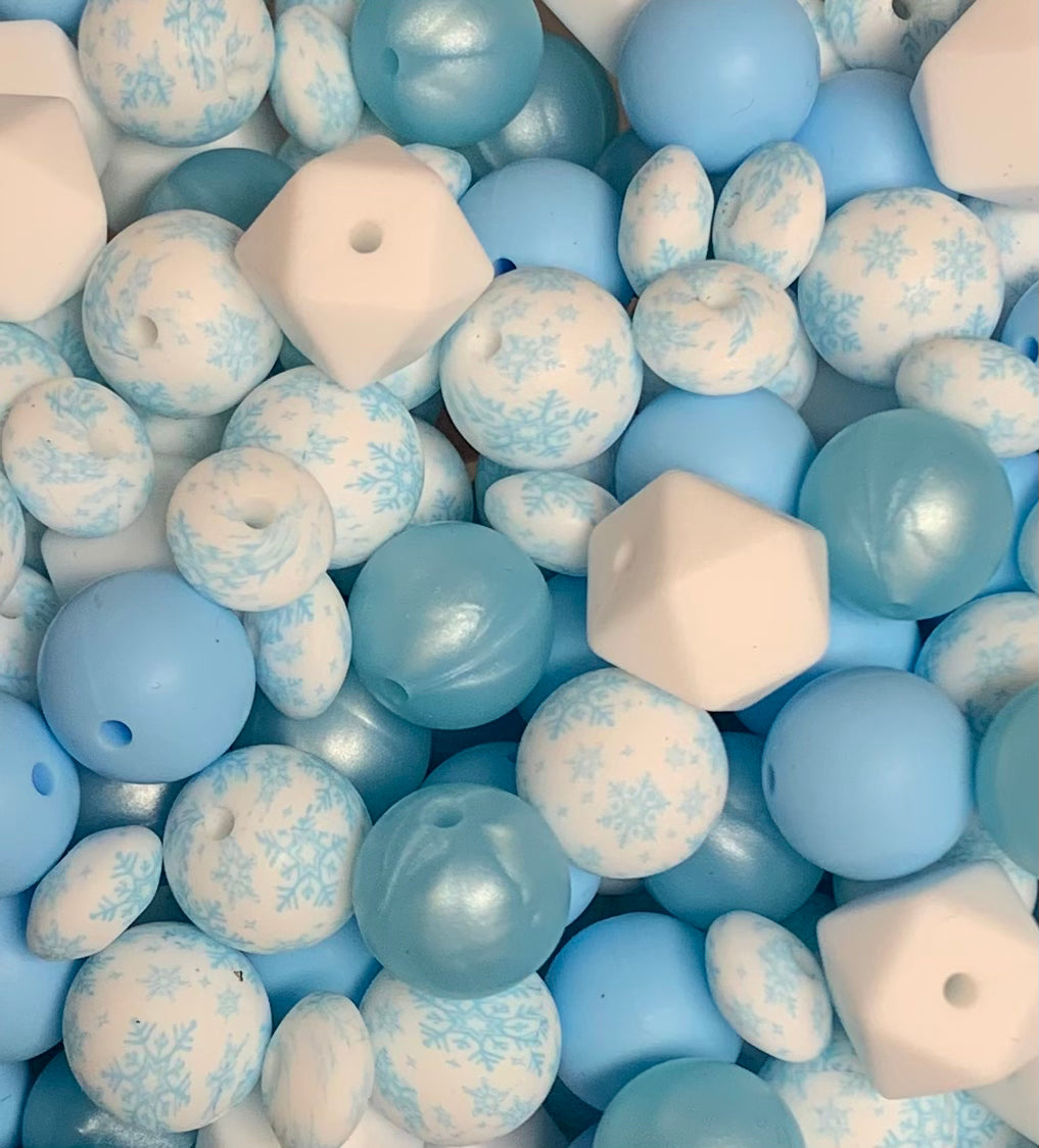 * Bead Mix - Blue Snowfall Mix , 15mm Round Silicone Bead Mix