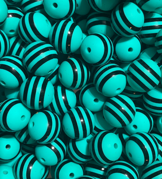 15mm Print Turquoise Stripe EXCLUSIVE Round Silicone Beads