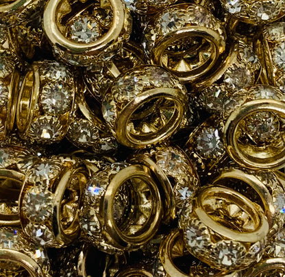 * Rhinestone 12mm Large Gold Spacer Bead - Pack Of 10 , Rondelle Spacer Bead