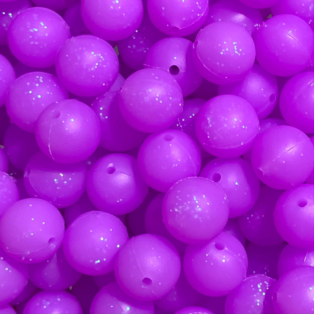 15mm GLITTER Neon Purple Round Silicone Beads