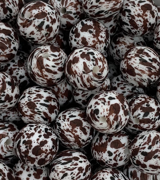 Brown Cow 15mm Round silicone beads, round print silicone beads, cow dog beads, animal print beads, round silicone beads,