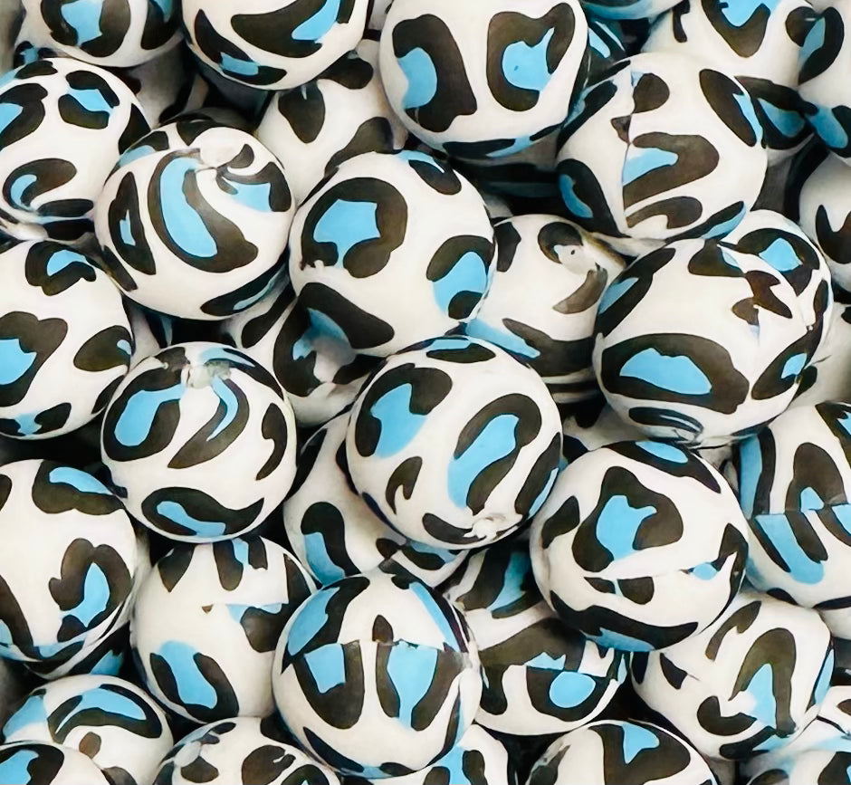 15mm Print Ice Blue Leopard Round Animal Silicone Beads