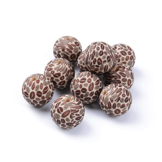 15mm Print Cafe Silicone Round Beads, Coffee Beads