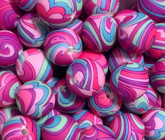 15mm Print Groovy Swirl Round Silicone Beads