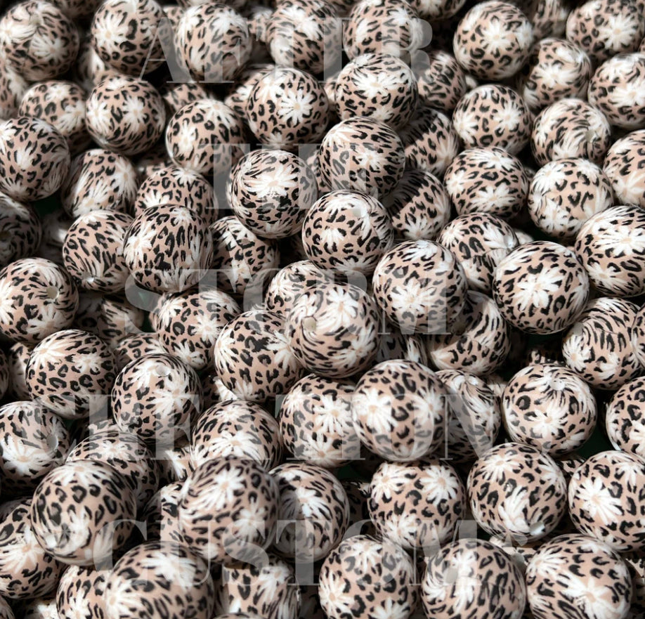 15mm Print Leopard Daisy Round Silicone Beads