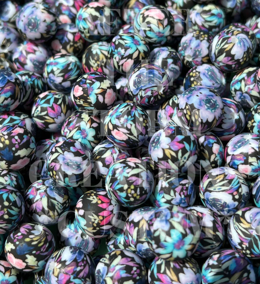 15mm Print Midnight Blossom Round Flower Silicone Beads