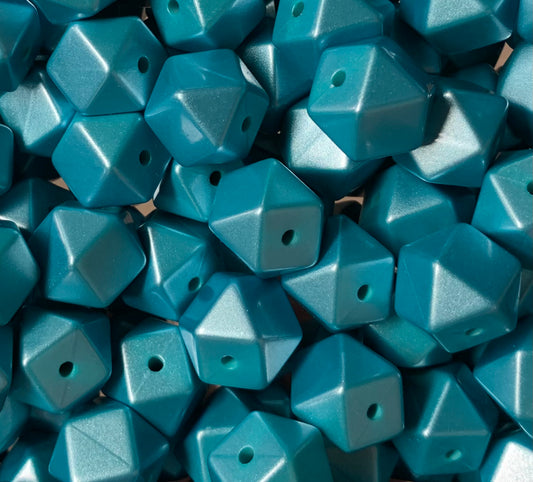 14mm Hexagon Metallic Turquoise Silicone Beads