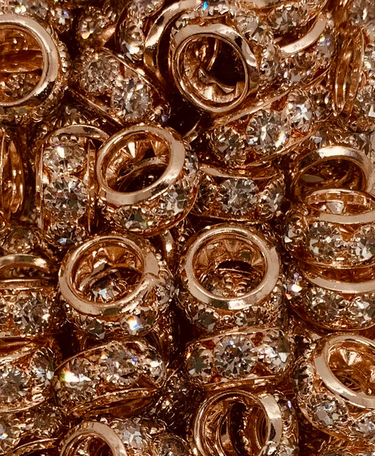 * Rhinestone 12mm Large Rose Gold Spacer Bead- Pack of 10, Rondelle Spacer Bead