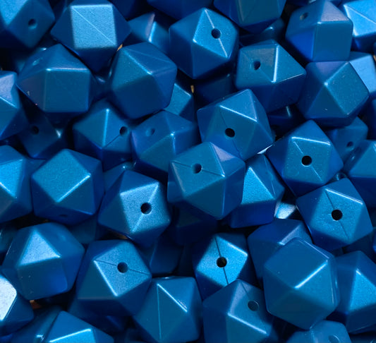 14mm Hexagon Metallic Blue Silicone Beads