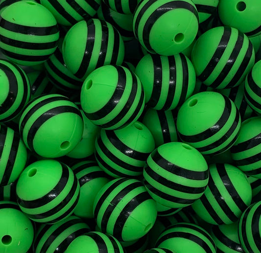 15mm Print Green Stripe EXCLUSIVE Round Silicone Beads