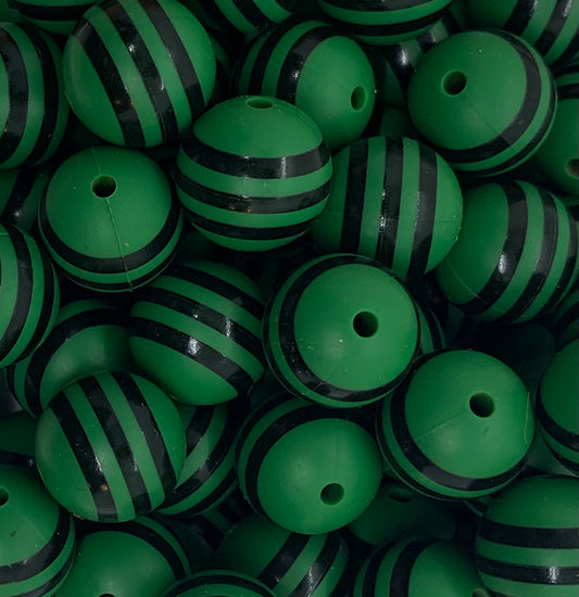 15mm Print Dark Green Stripe EXCLUSIVE Round Silicone Beads