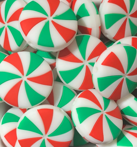 Green and Red Peppermint Focal Silicone Bead, Christmas Silicone Bead, Candy Shape Silicone Bead