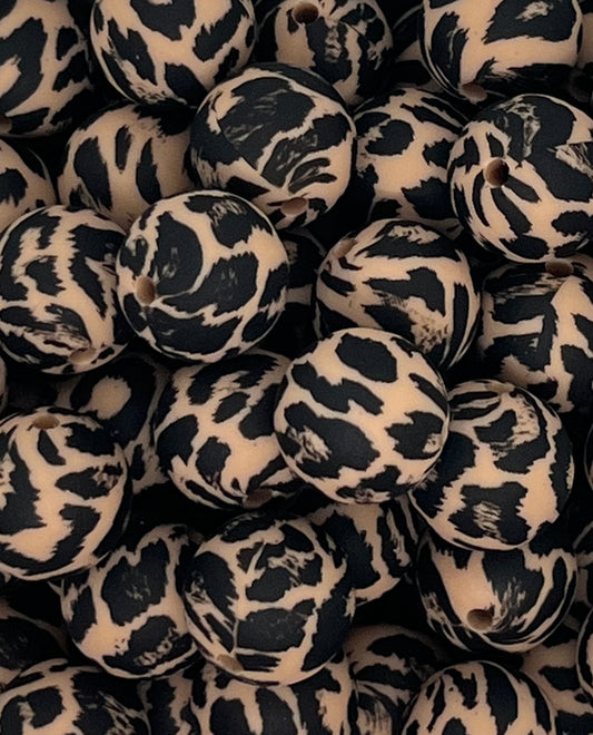 15mm Print Brown Snow Leopard EXCLUSIVE Animal Round Silicone Beads