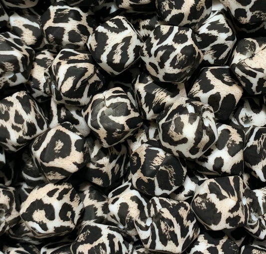 14mm Hexagon Snow Leopard Animal Printed Silicone Beads